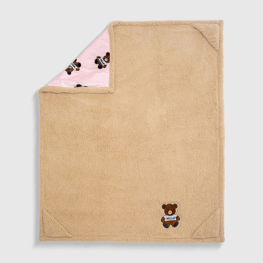 Cozy Switch Blanket – Reversible Sherpa & Mink Fleece Blanket with Embroidered Appliqué, Teddy Bears