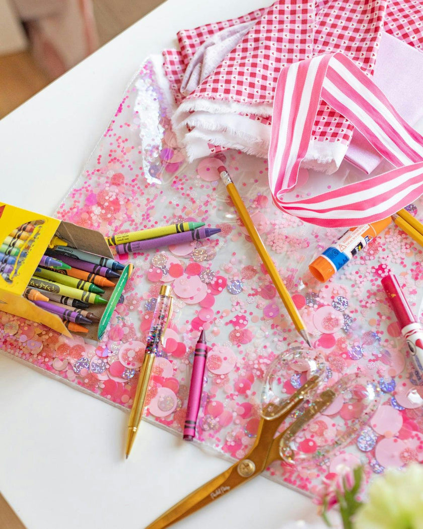 Packed Party Work Party Confetti Multi-Use Desk Mat - 13x18 Inch Clear Vinyl Pink Confetti Desk Mat with Gold Foil Detail for Desks and Keyboards