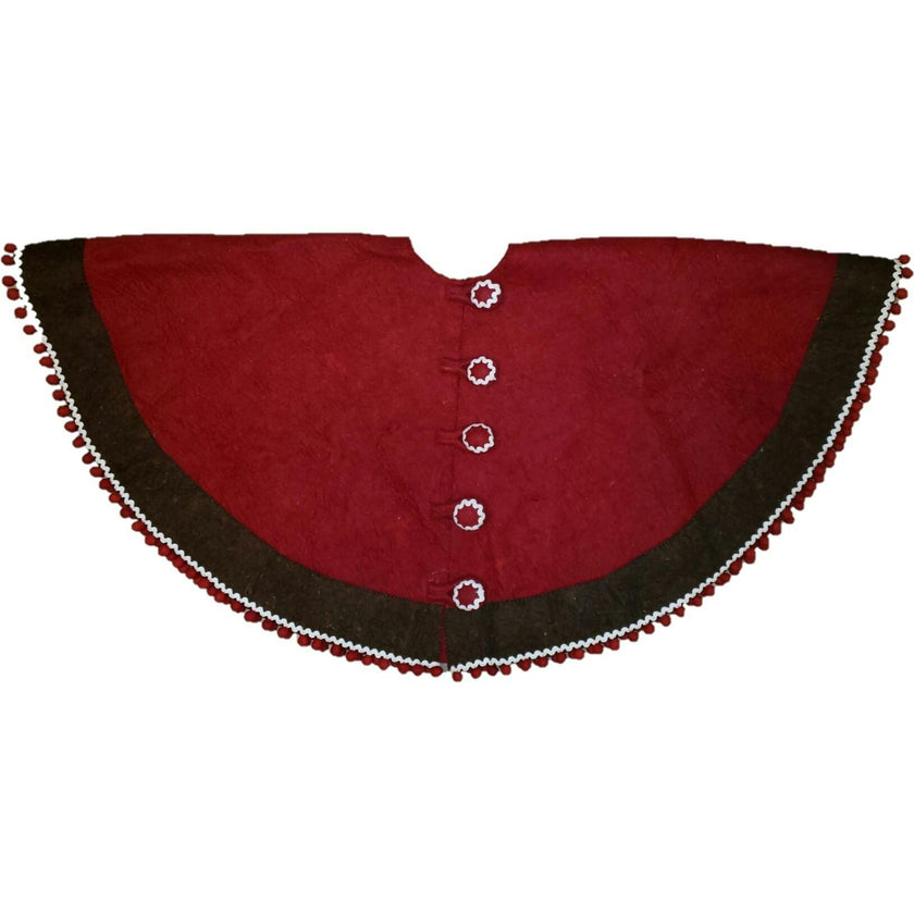 Handmade Wool Felt Red Christmas Tree Skirt with Brown Border and Pom Pom Edge  60"