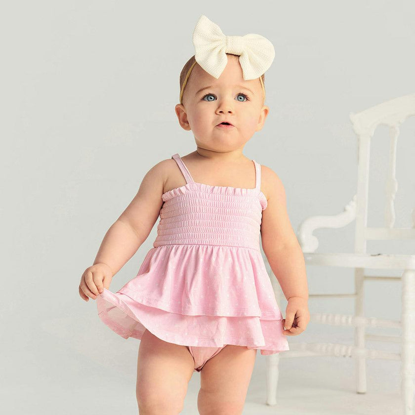 Caroline Dot Smocked Tiered Bodysuit Dress