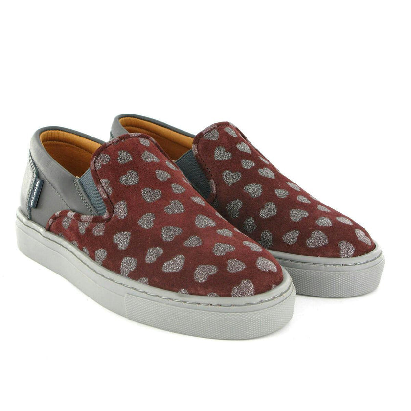 Leather Slip On Sneakers, Grey & Burgundy Hearts