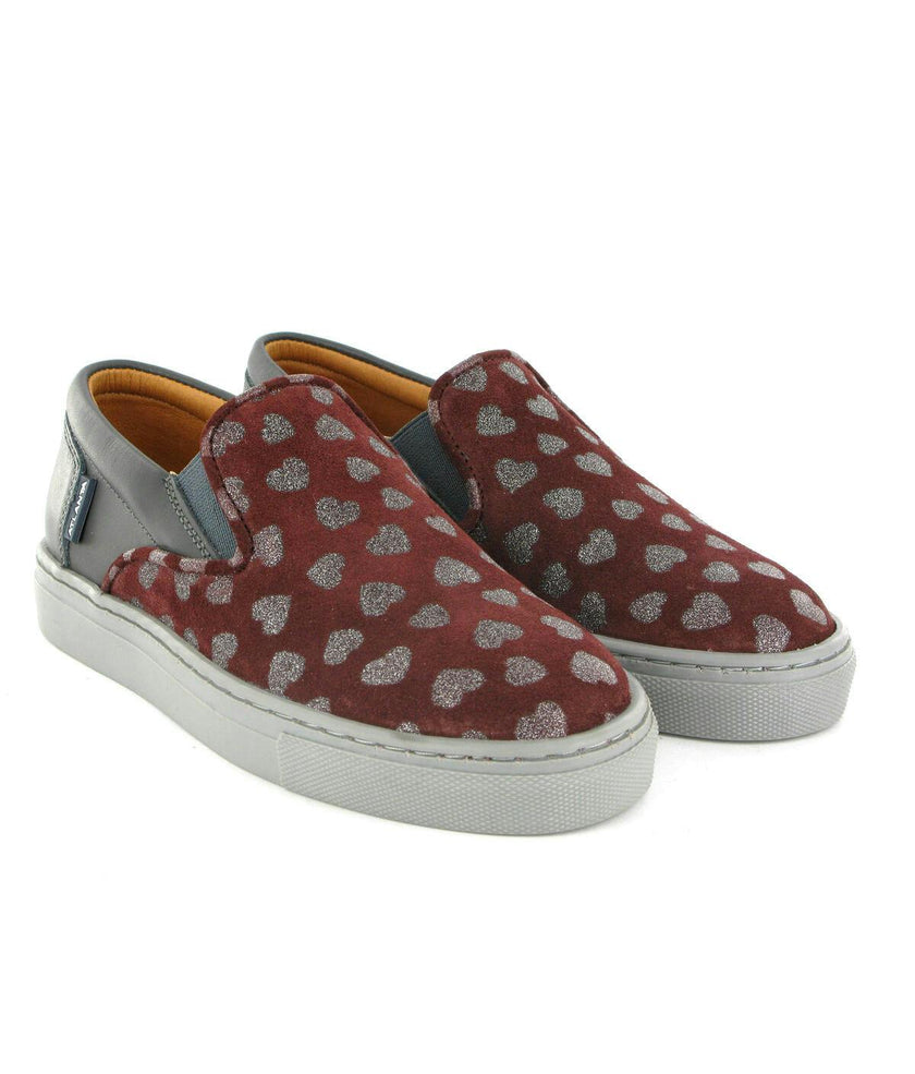 Leather Slip On Sneakers, Grey & Burgundy Hearts