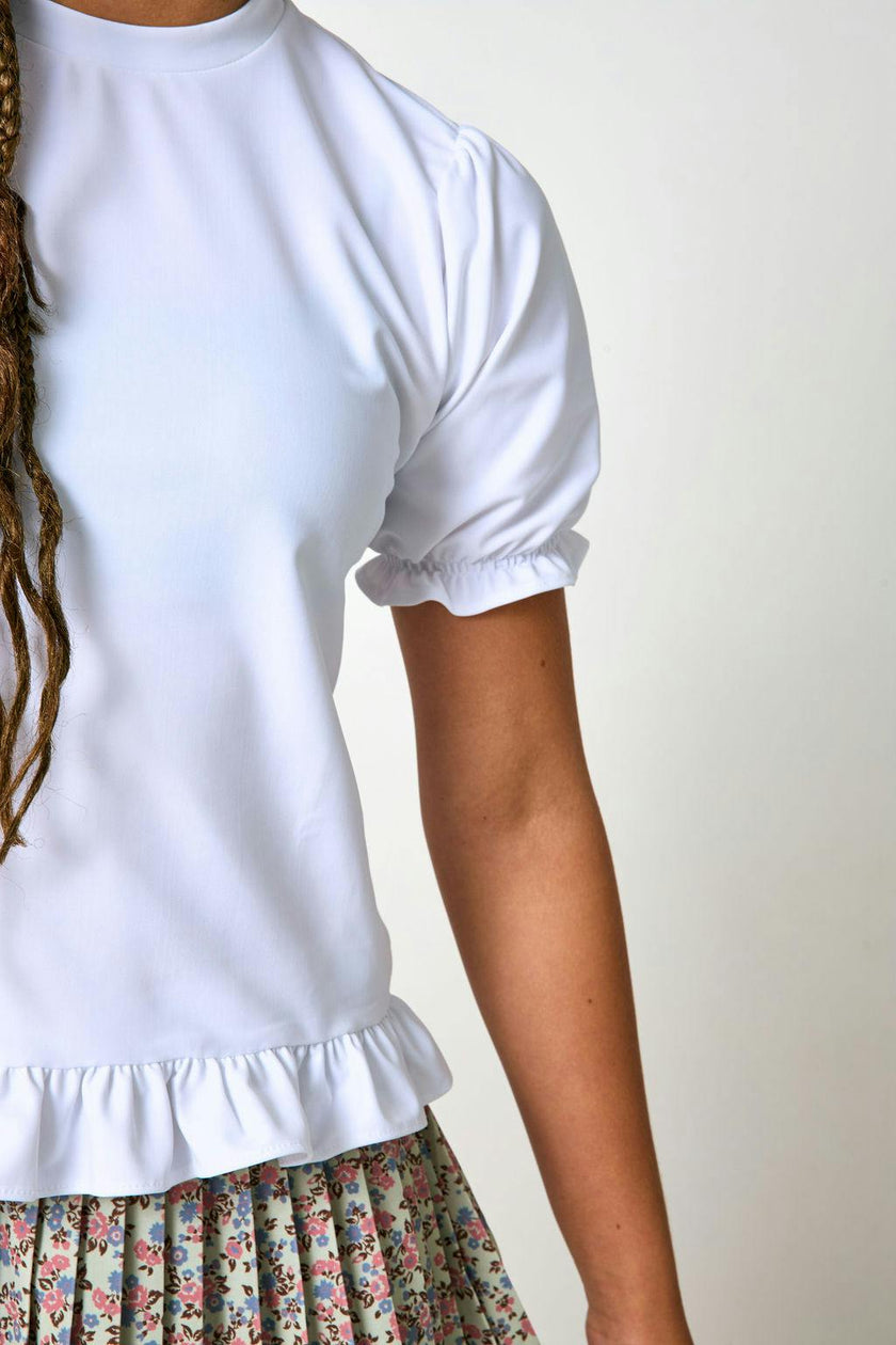 white ruffle tee