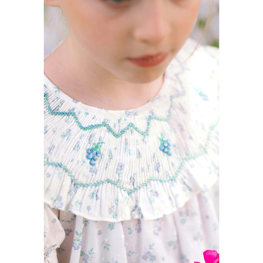 Myrtille Blue Floral Short Sleeve Bishop Dress
