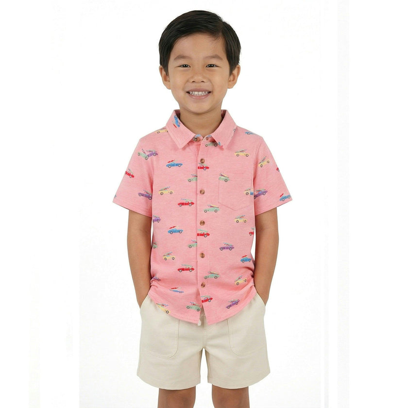 Boys Blue Printed Knit Buttondown | Orange Cars