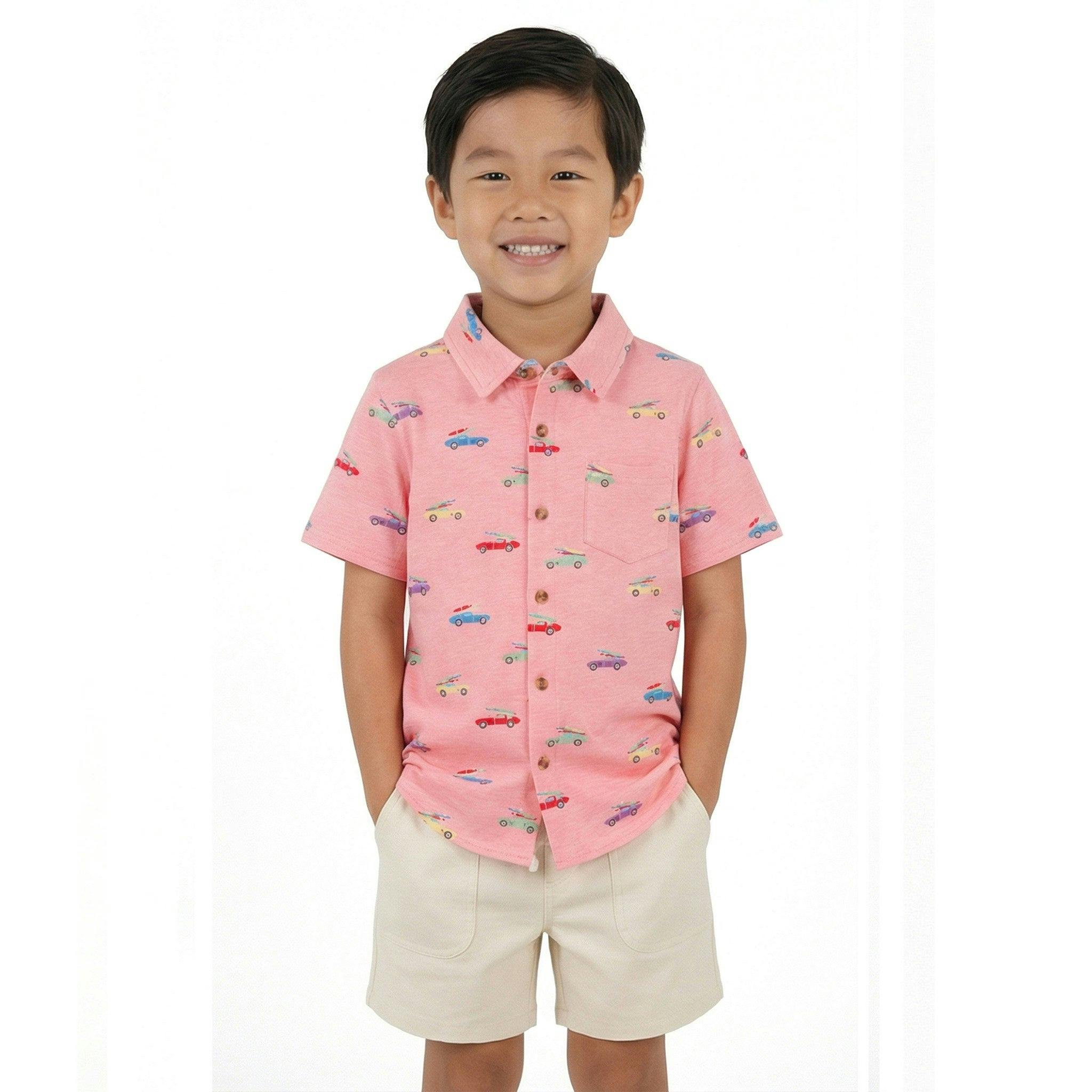 Boys Buttondown & Linen Short Set | Coral Cars