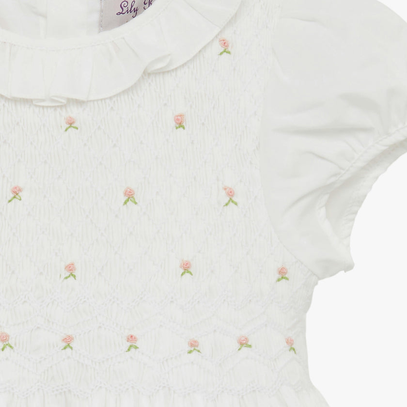 Willow Rose Hand Smocked Dress in White