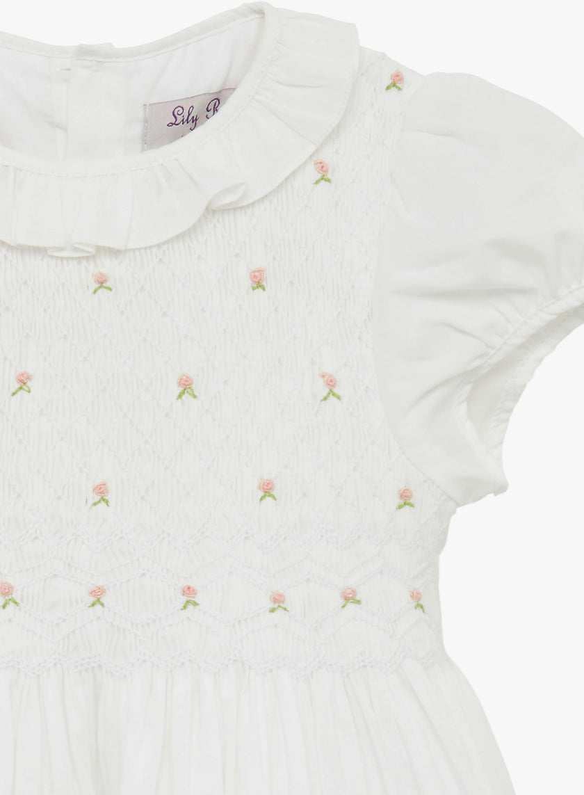 Willow Rose Hand Smocked Dress in White