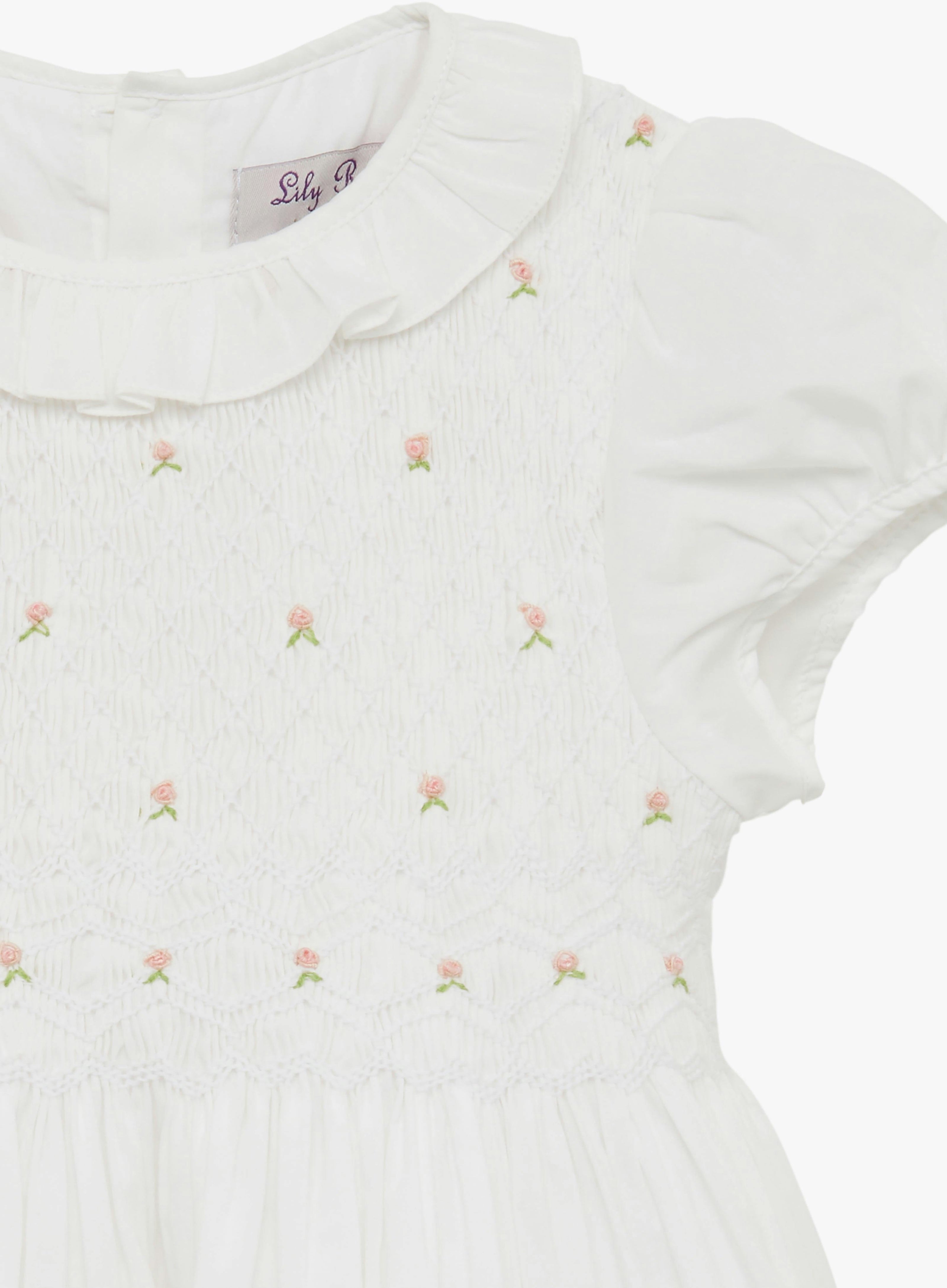 Willow Rose Hand Smocked Dress in White
