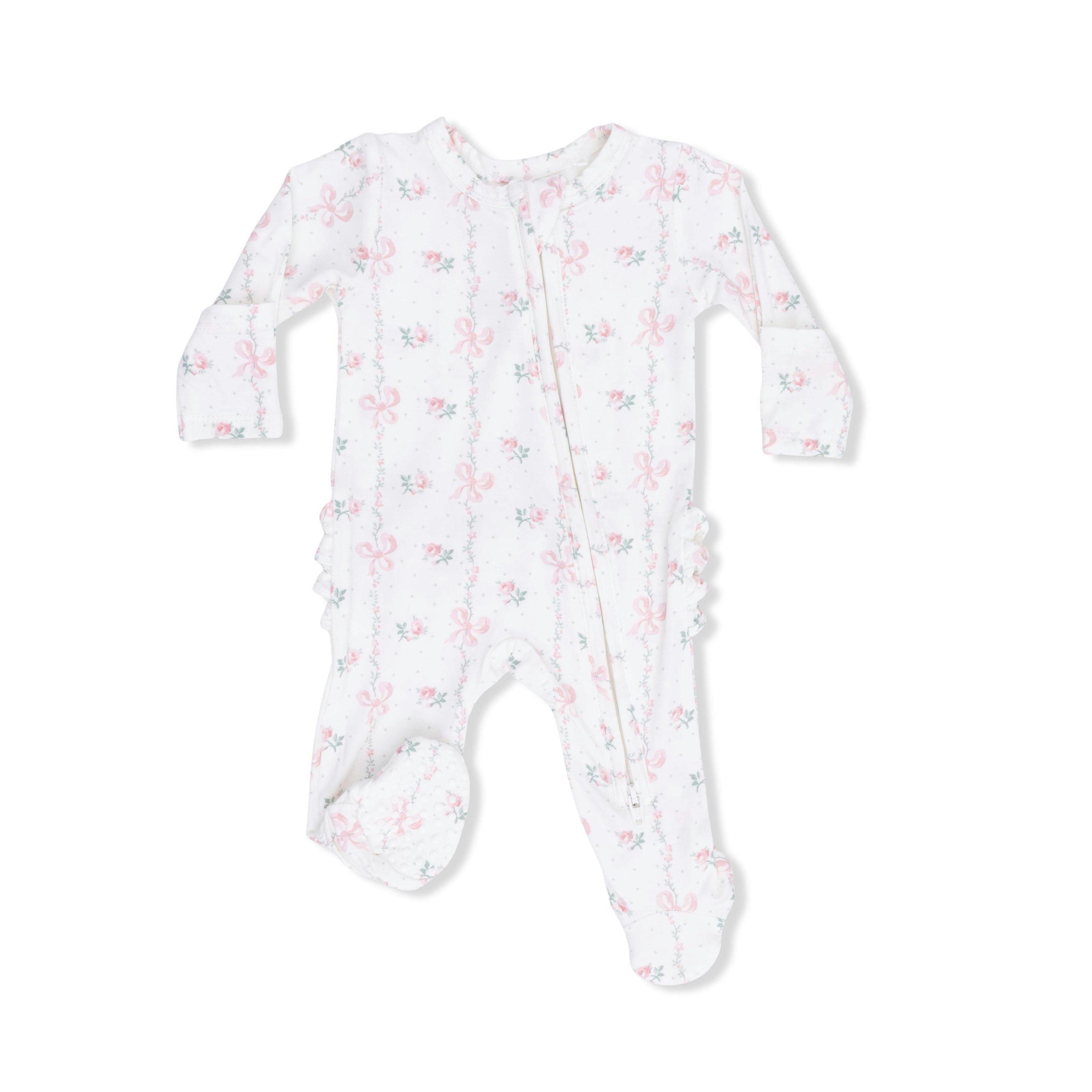Dainty Buds and Bows - 2 Way Ruffle Back Zipper Footie