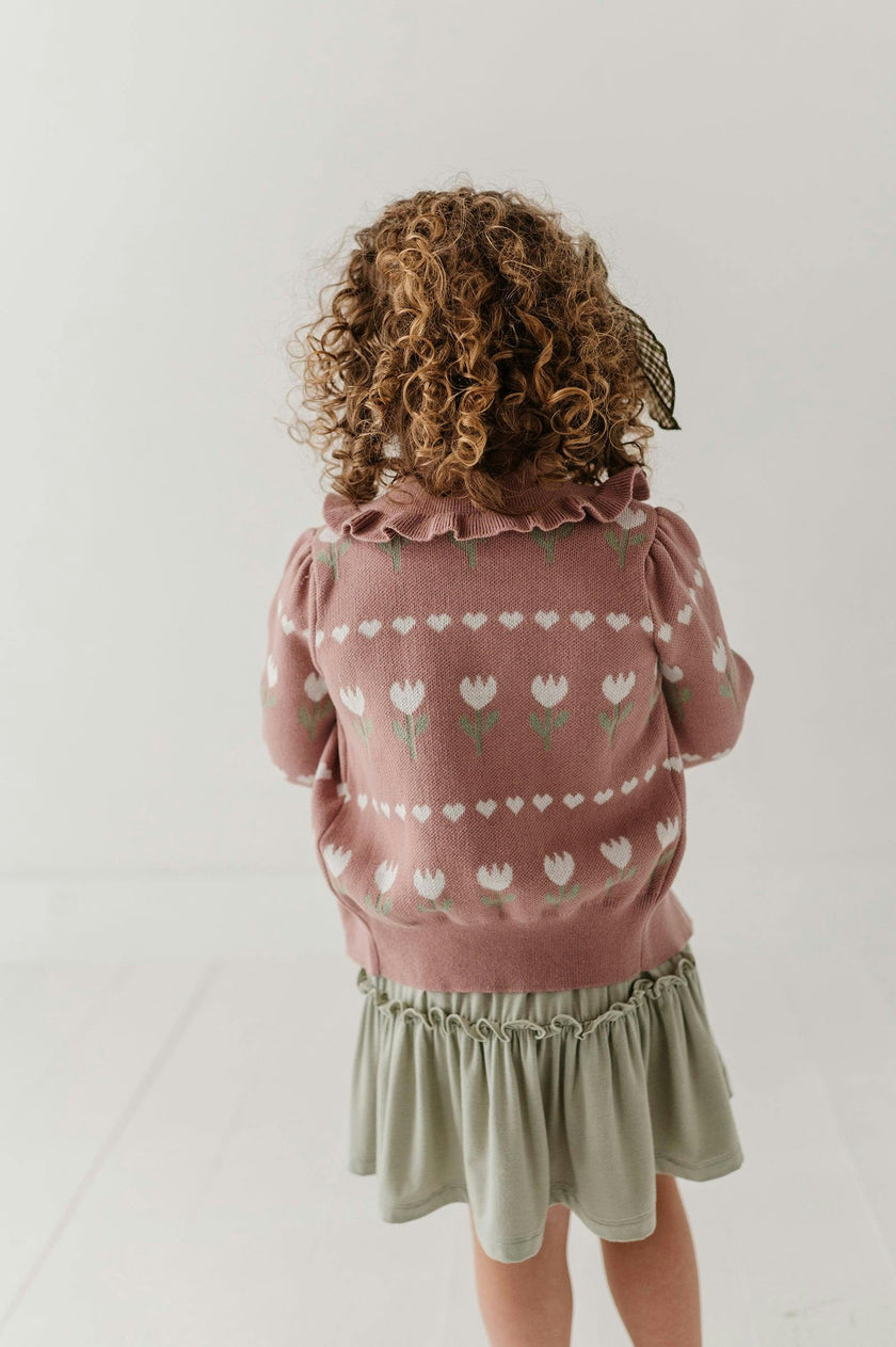 Girls Floral Knit Cardigan in Tulip Heart Intarsia