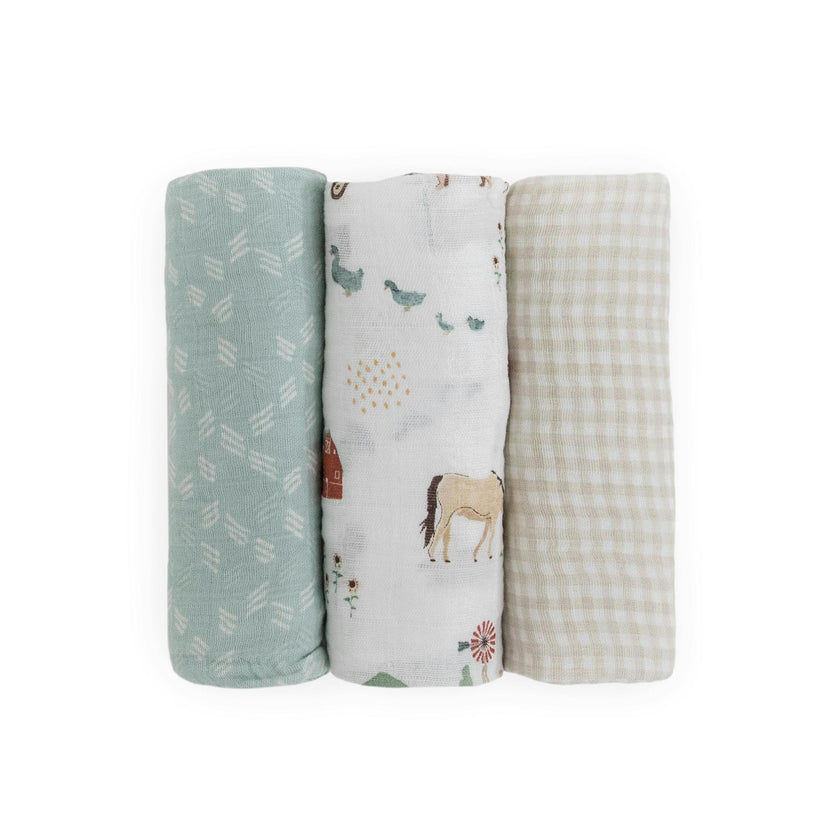 Cotton Muslin Swaddle Blanket 3 Pack - Farmyard