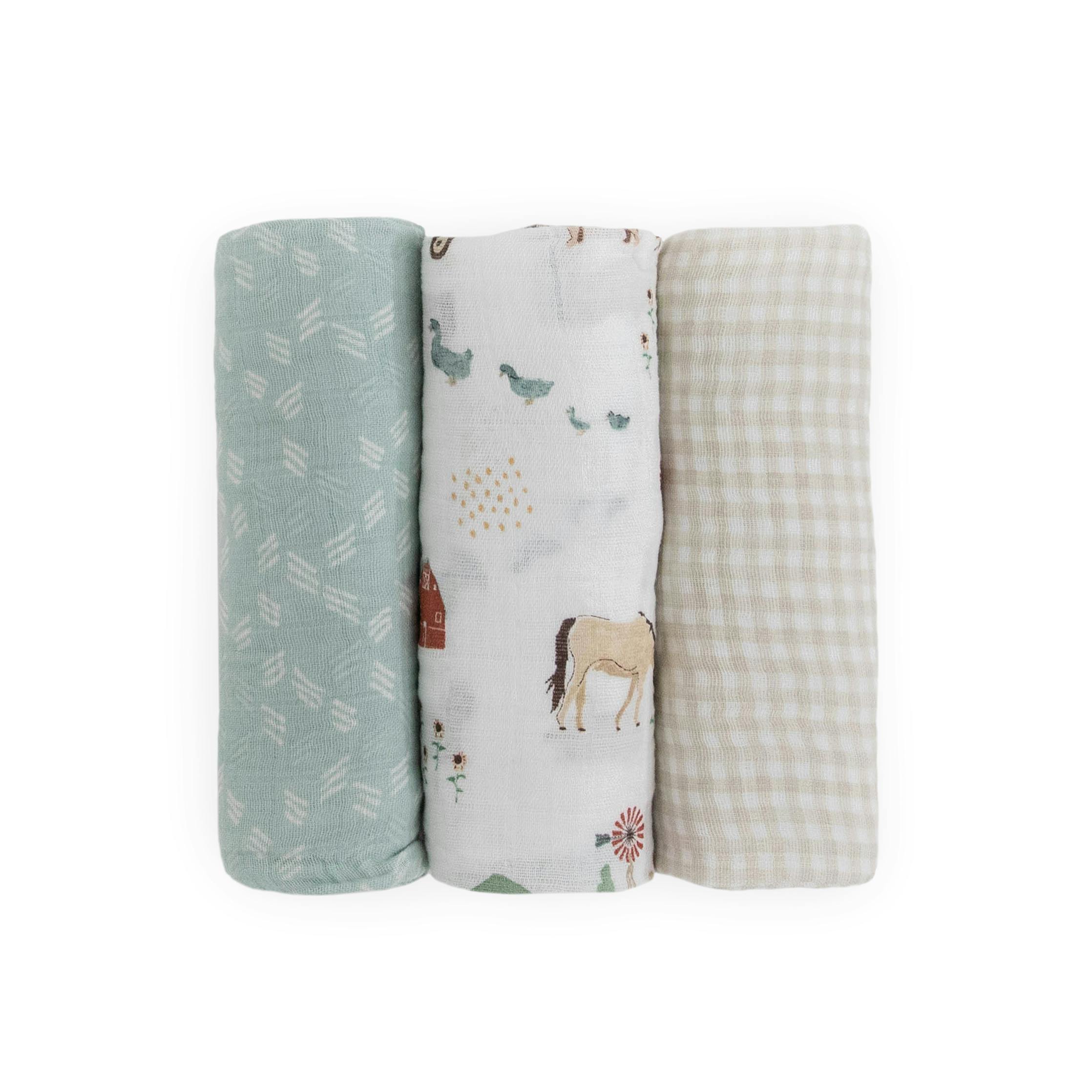 Cotton Muslin Swaddle Blanket 3 Pack - Farmyard