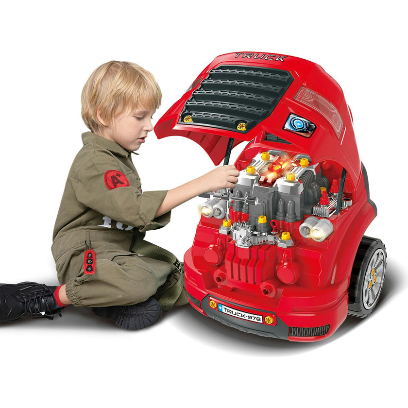 Truck Mechanic Engine Workshop (Red) - Cool Take Apart and Rebuild Engine with Remote Control Car Key