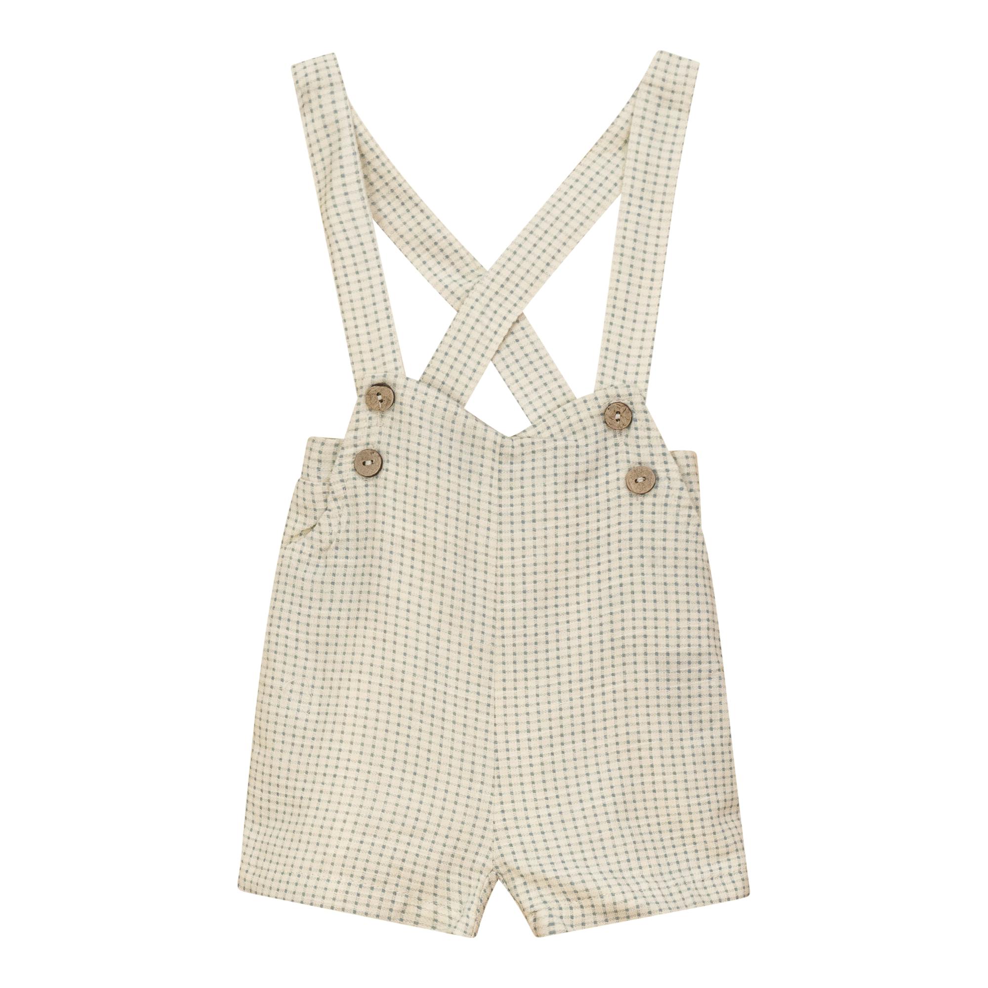Woven Checkered Button Front Elastic Waist Overalls