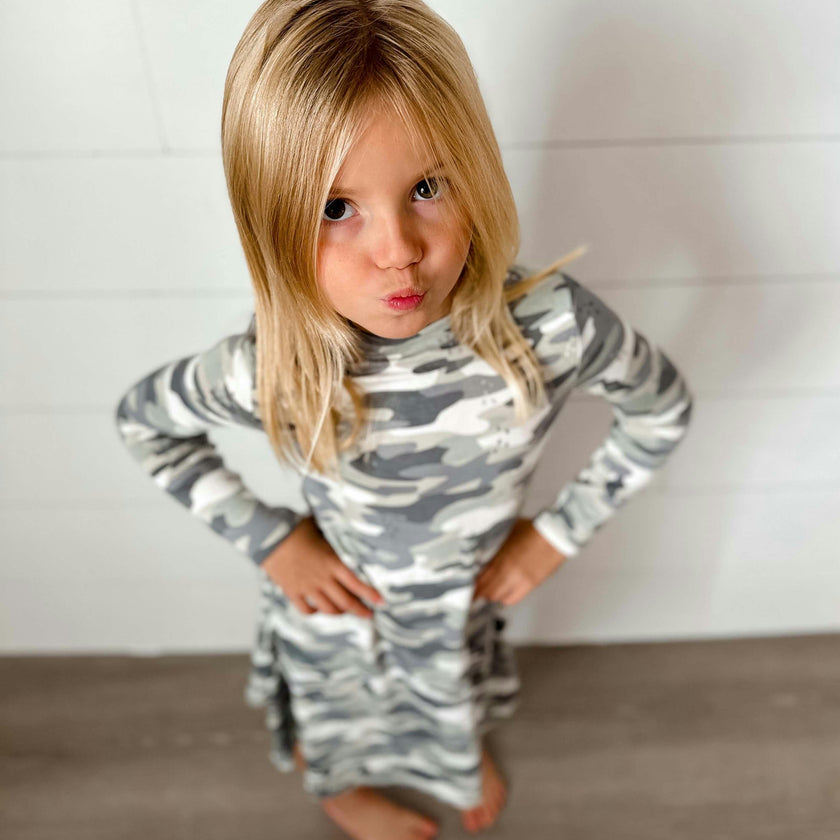 Grey Camo Bamboo Girls' Long Sleeve Dress