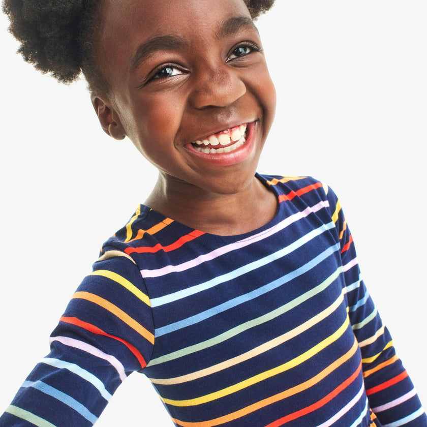 Kids long sleeve perfect pocket dress in rainbow stripe