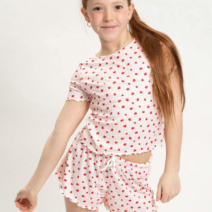 Girls Strawberry Print Short Sleeve Top and Shorts Set