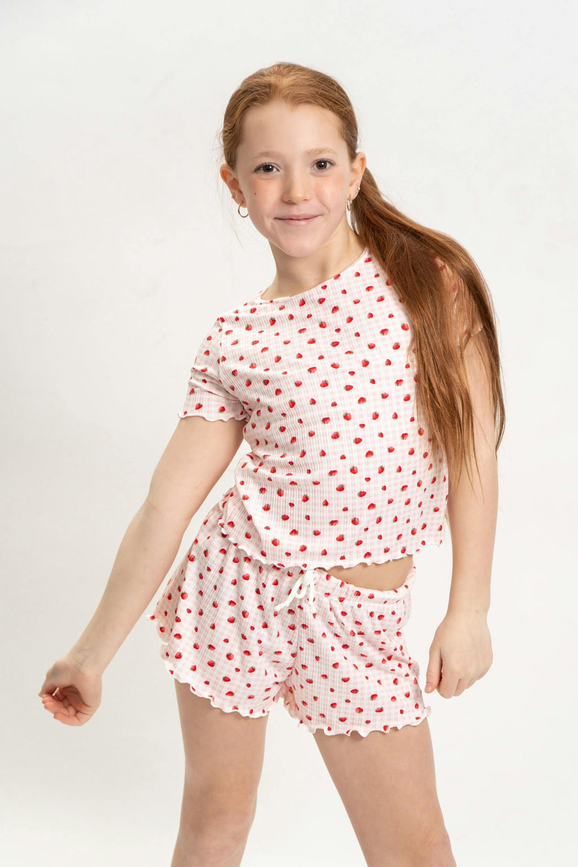 Girls Strawberry Print Short Sleeve Top and Shorts Set