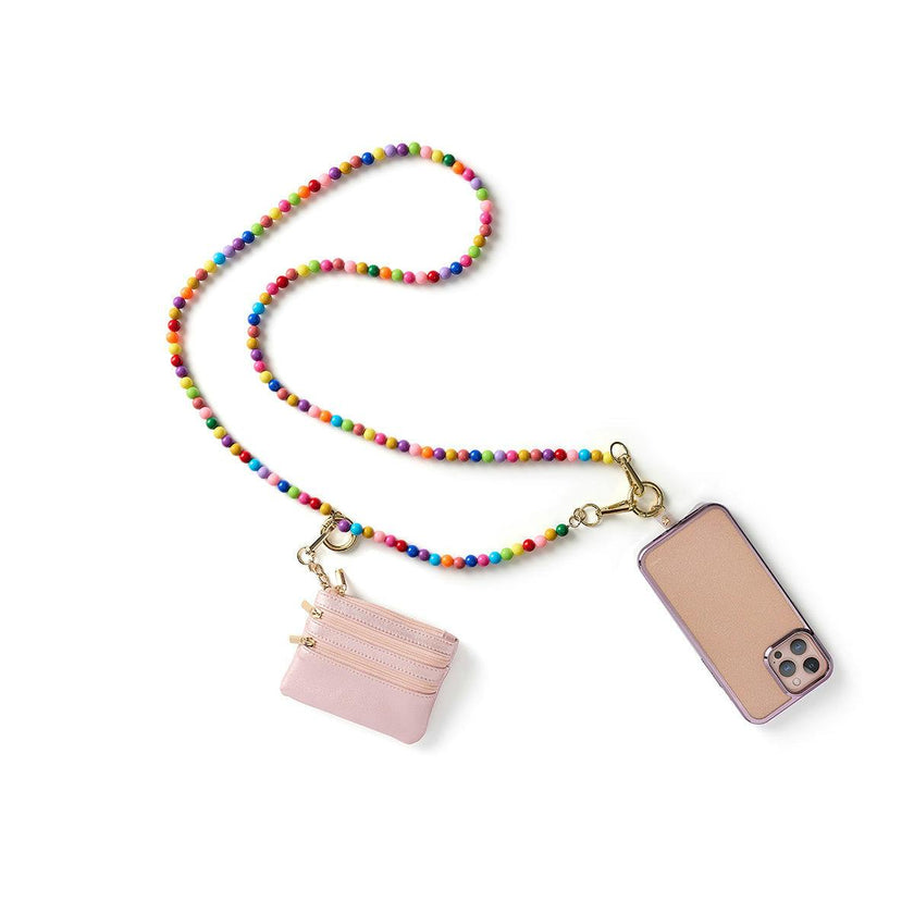 Packed Party Bead the Way Rainbow Beaded Phone Chain - 26-Inch Multicolor Beaded Chain with Gold Clips and Keyring Clasp for Phone Cases and Pouches