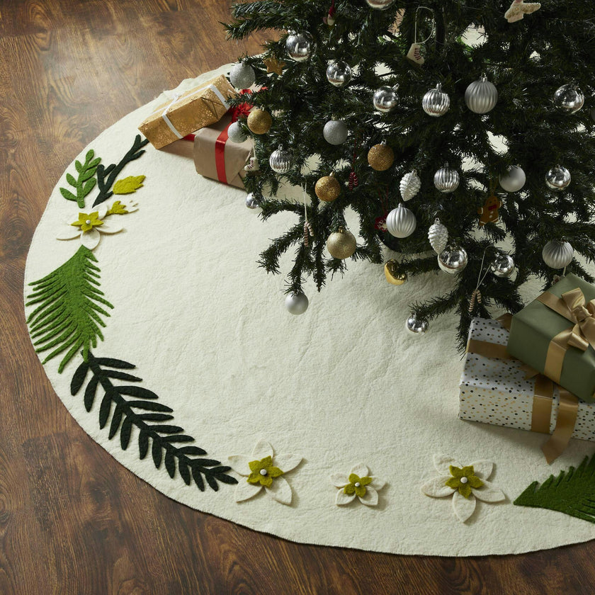 Handmade Christmas Tree Skirt Felt - Greenery Border Cream - 36"/60"/72"