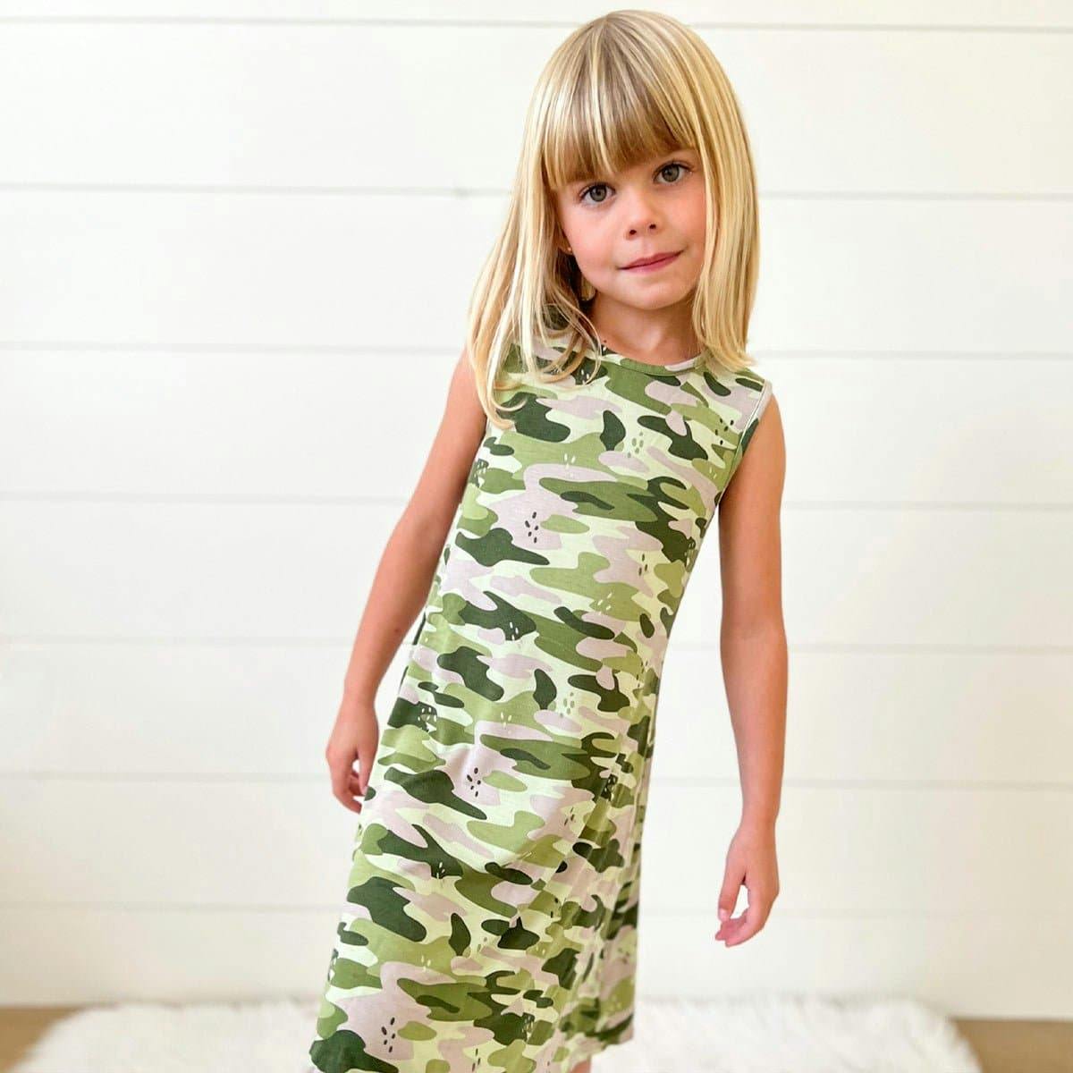 Green Camo Bamboo Girls' Sleeveless Dress