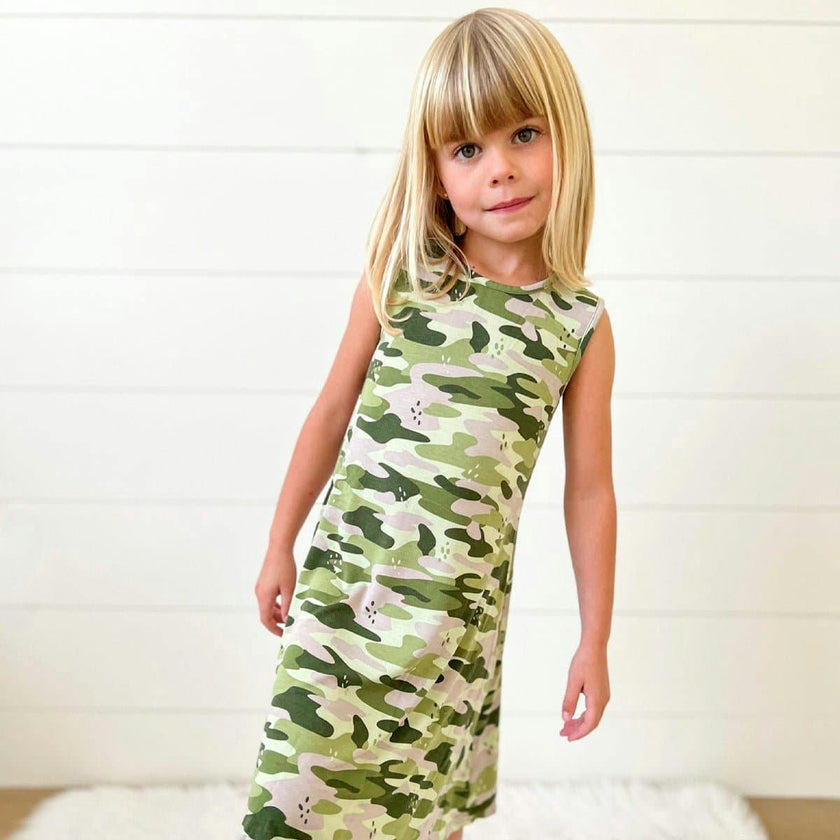 Green Camo Bamboo Girls' Sleeveless Dress
