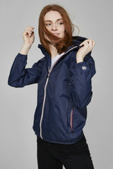 Navy full zip packable rain jacket and windbreaker