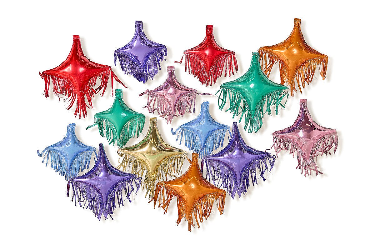 Packed Party Rainbow Fringe Spark Mylar Balloon Pack 14ct - Multicolor Spark-Shaped Balloons with Shiny Fringe Tassels, Large 16x14 and Small 12x10.5 Inch