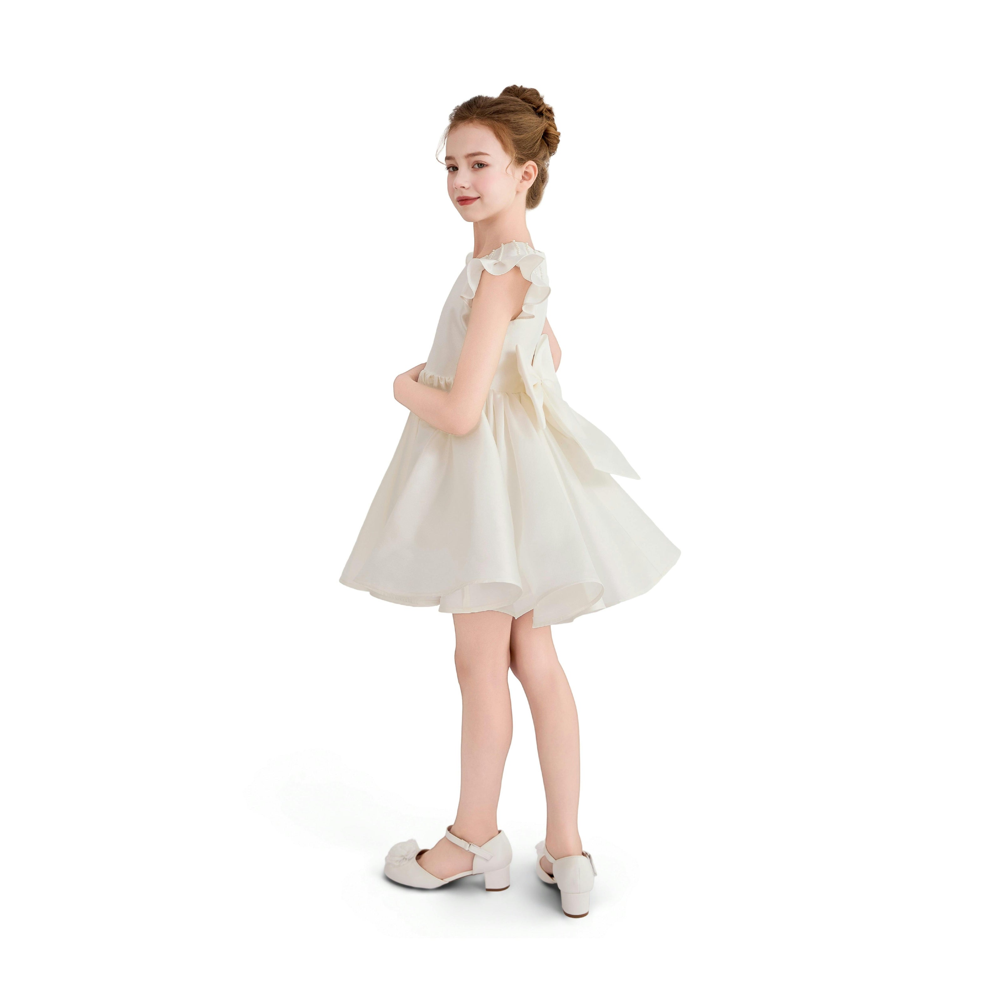 White Maravelle Satin Flutter-Sleeve Dress