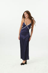 Miller Navy Satin Maxi Dress With Lace Trim