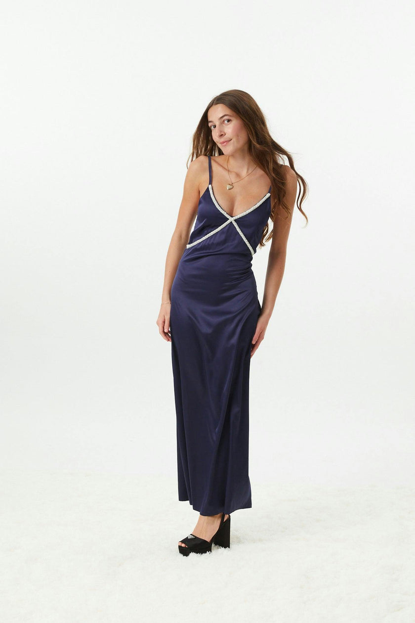 Miller Navy Satin Maxi Dress With Lace Trim