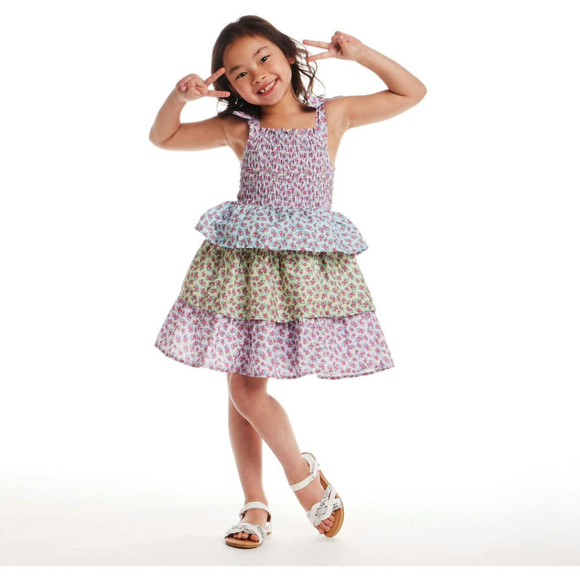 Kids Color Blocked Floral Tiered Dress