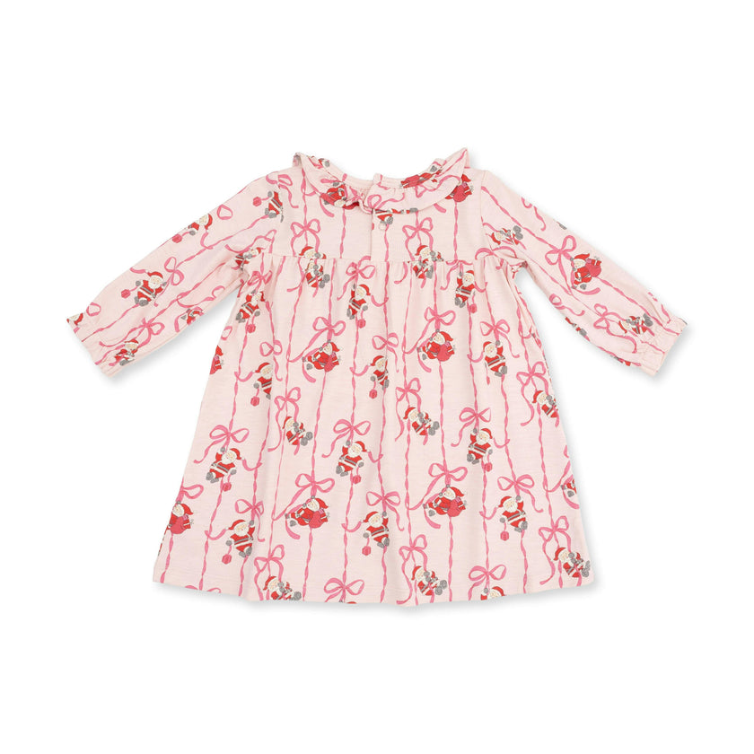Bows & Santa - Knit Flame Resistant Long Sleeve Gown with Ruffle Collar