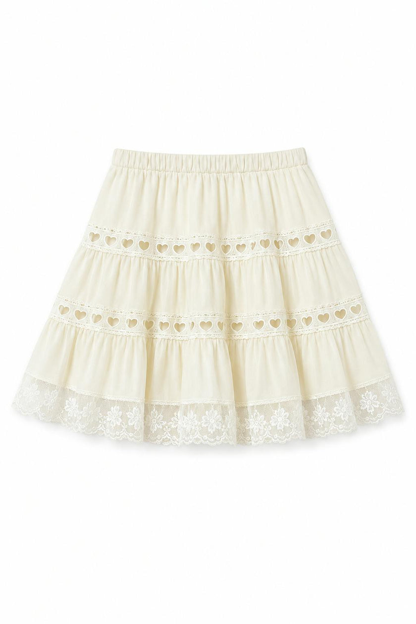 Sophia Cream Cotton Lace Heart Bow Lace Mini Skirt