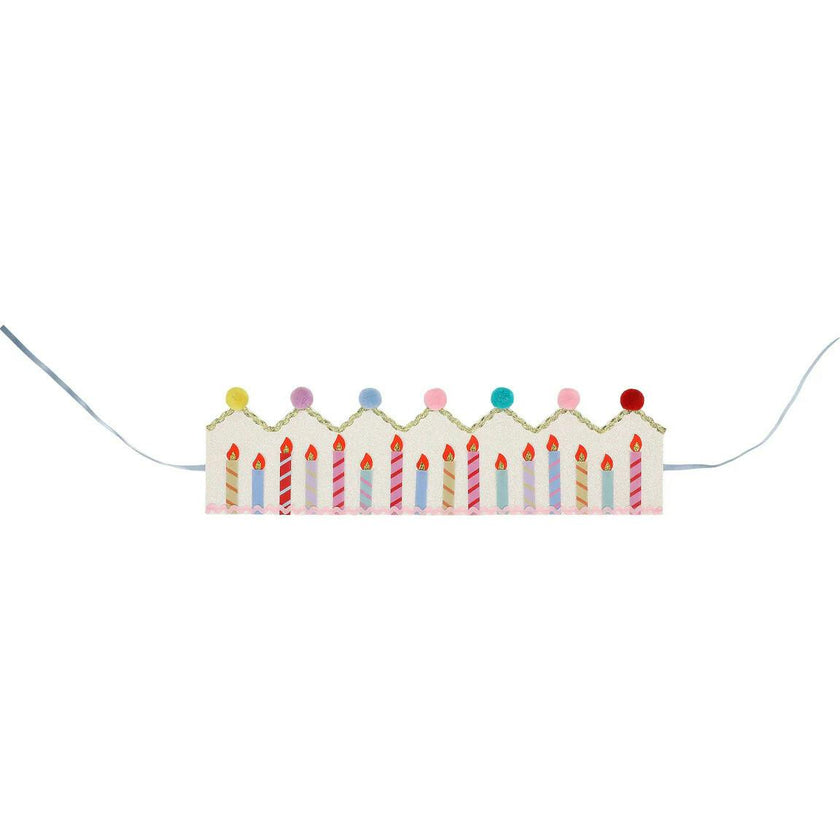 Packed Party Birthday Wishes Reusable Glitter Pom Pom Crown - Metallic Fabric Birthday Candle Crown with Multicolor Poms and Adjustable Satin Ties