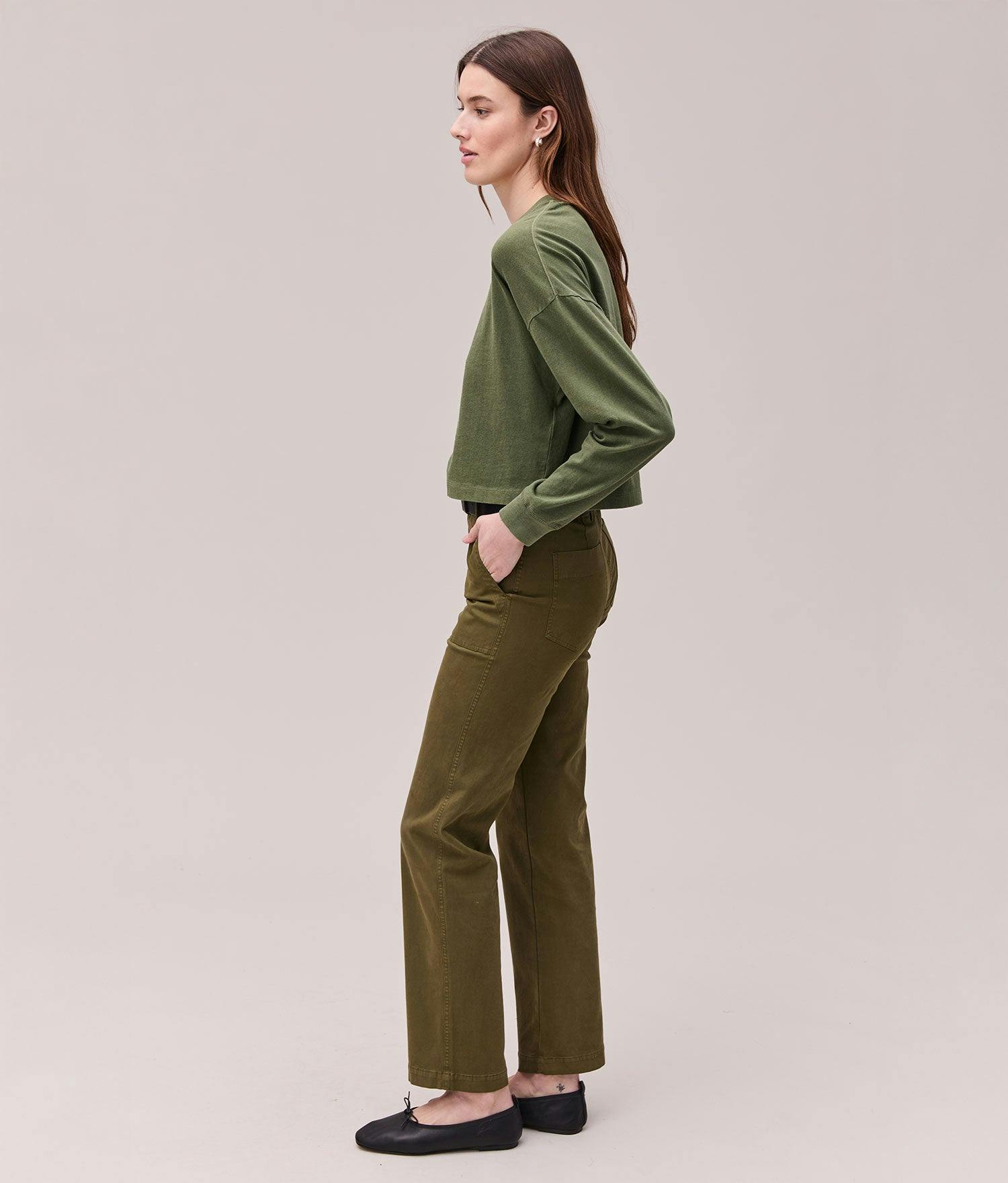 Womens Relaxed Crop Long Sleeve Tee - Pigment Dye Jersey - Cypress