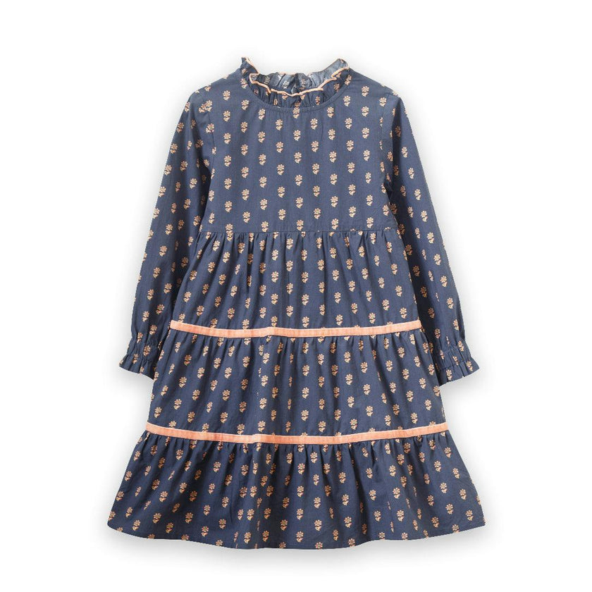 Long Sleeves Tiered Skirt Dress with Velvet Trim