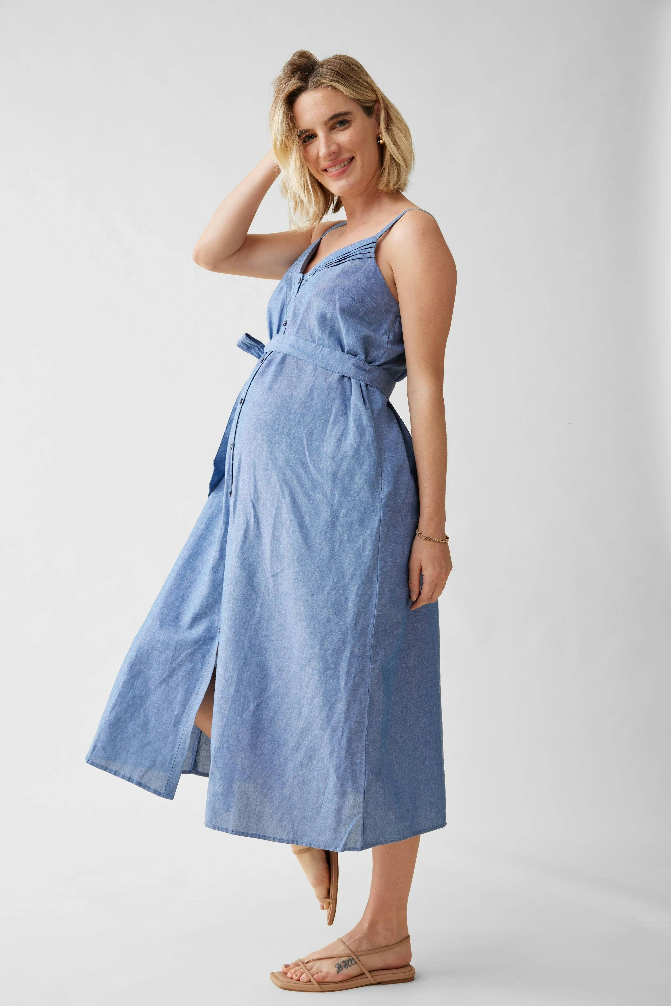Sleeveless Chambray Maternity and Nursing Midi Dress