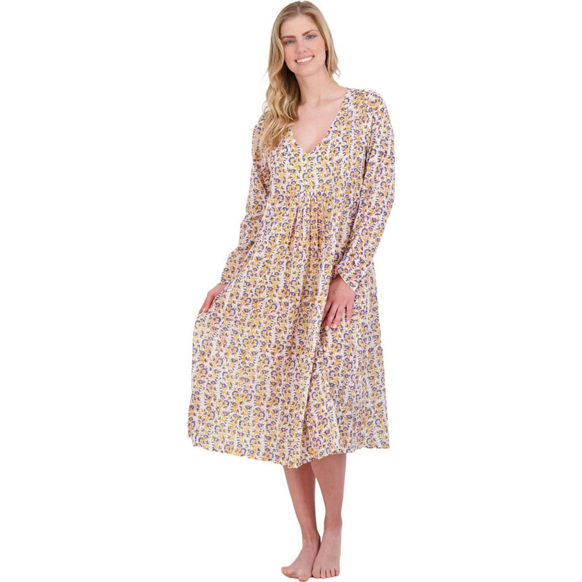 Women's Floral Block Print V-Neck Fit-N-Flare Long Sleeve Caftan  Dress