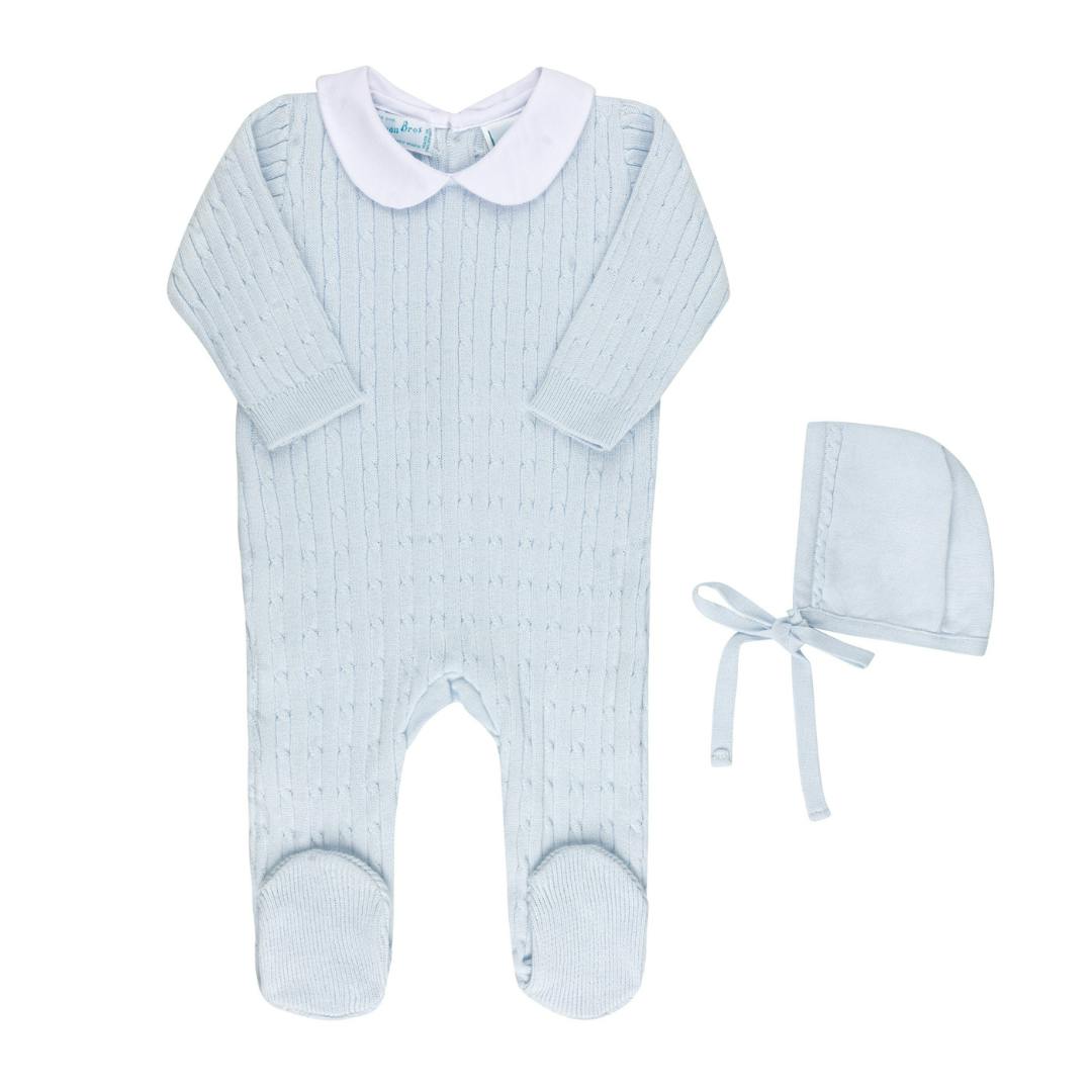 Boys Peter Pan Cable Knit Romper and Bonnet Blue