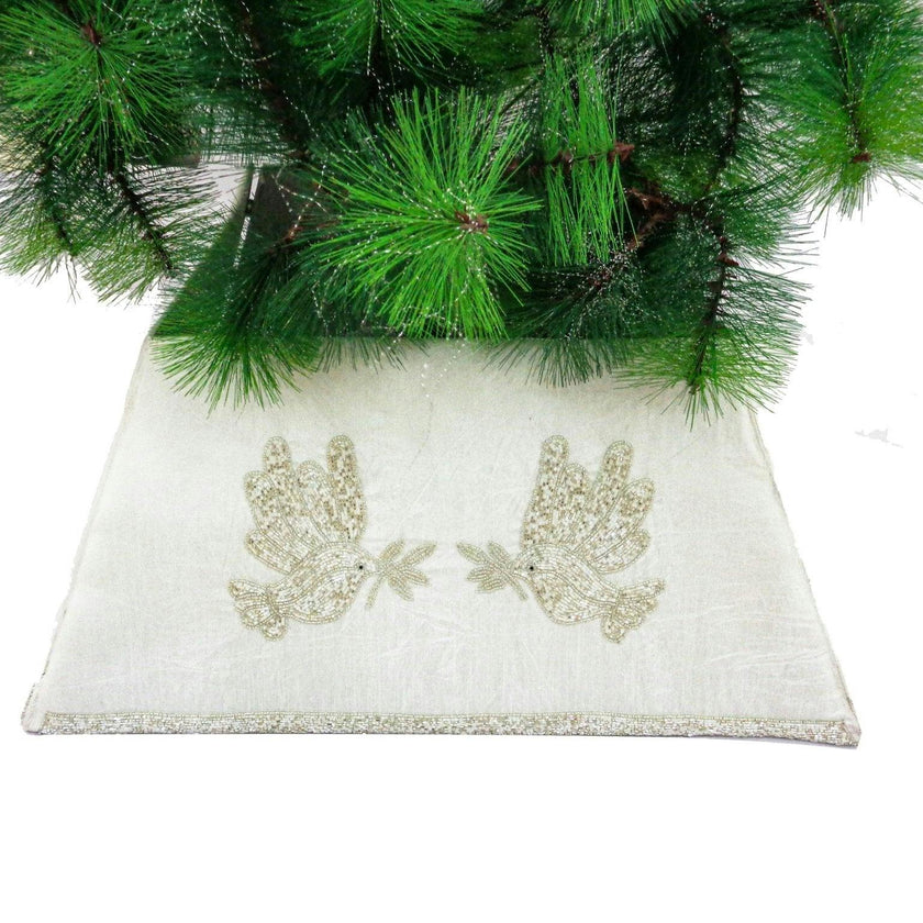 Hand Beaded Adjustable Christmas Tree Collar - Doves White Silk Arcadia Home