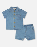 Light Blue Chambray Top And Short Set