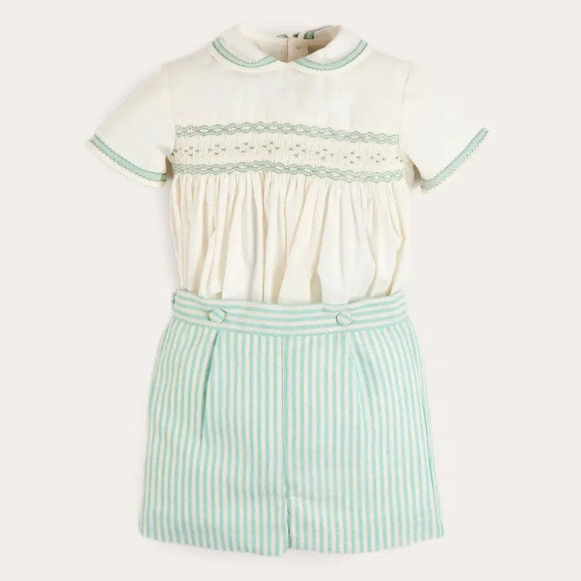 Wimbledon Stripe Hand Smocked Peter Pan Collar Two Piece Set in Green (18mths-6yrs)