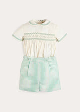 Wimbledon Stripe Hand Smocked Peter Pan Collar Two Piece Set in Green (18mths-6yrs)