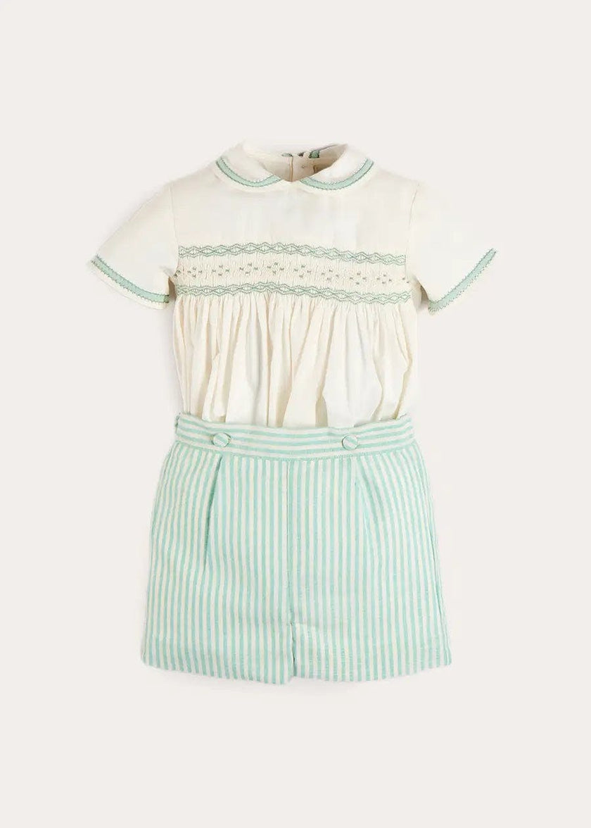 Wimbledon Stripe Hand Smocked Peter Pan Collar Two Piece Set in Green (18mths-6yrs)