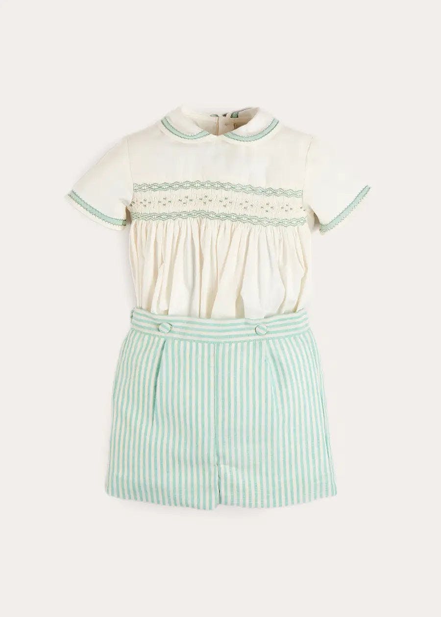 Wimbledon Stripe Hand Smocked Peter Pan Collar Two Piece Set in Green (18mths-6yrs)