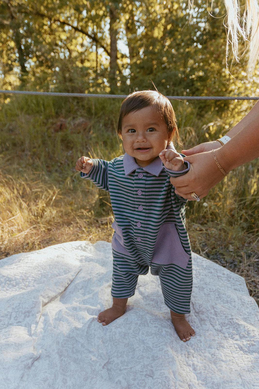 Scottie Romper in Purple Ash Stripe