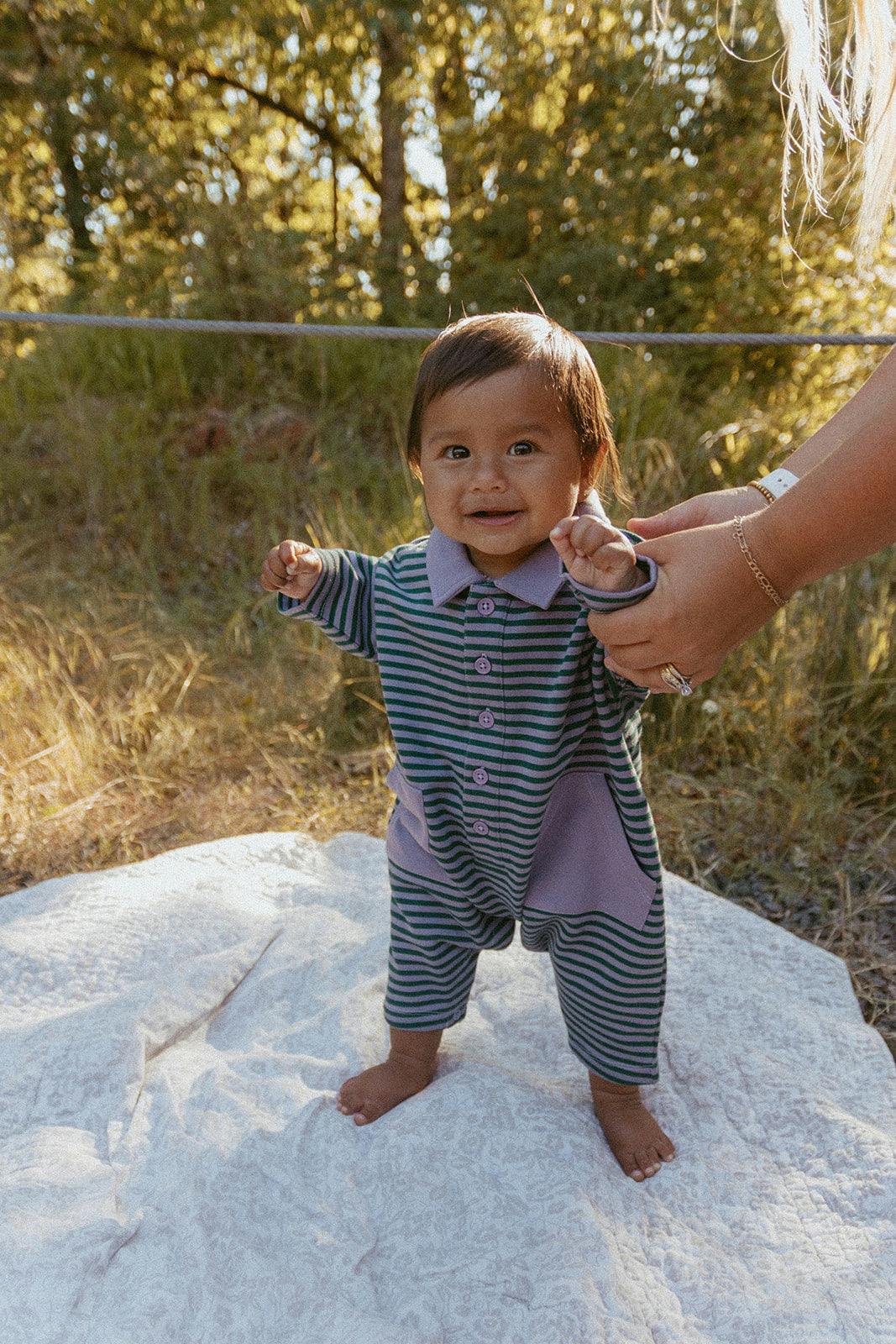 Scottie Romper in Purple Ash Stripe