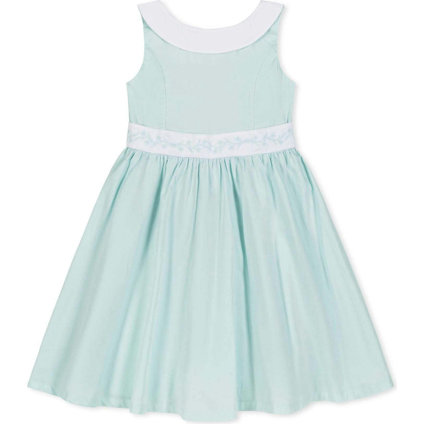 Organic Round Collar Sateen Party Dress with Embroidered Sash